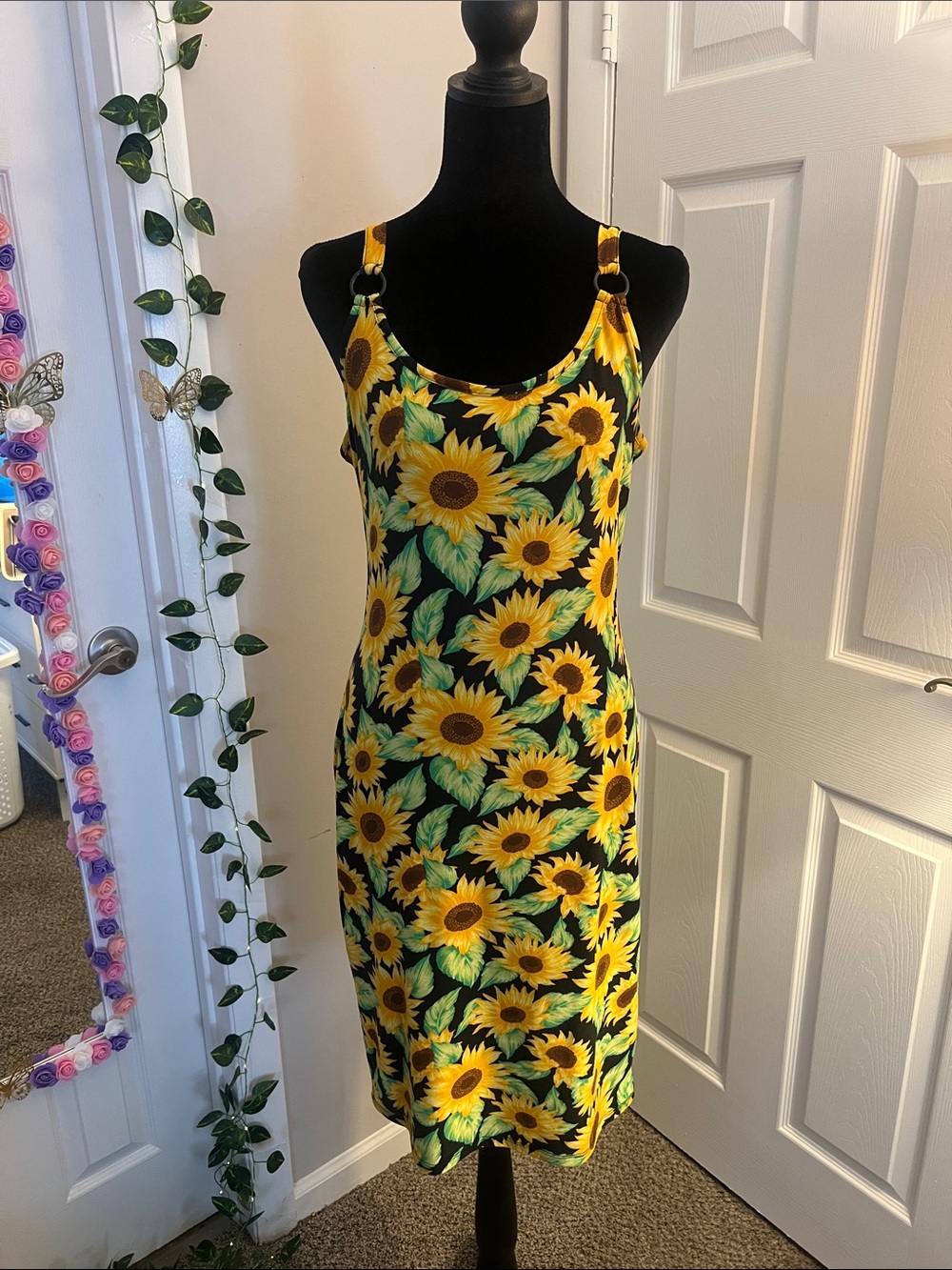 Sunflower-Print Yellow Midi Slip Dress with Green Leaf Accents